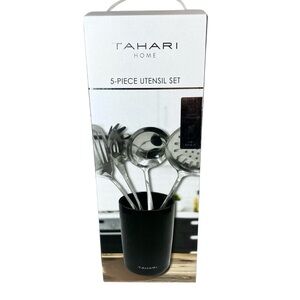 NEW  Tahari 5-Piece Silver Utensil Set with Black Ceramic Crock